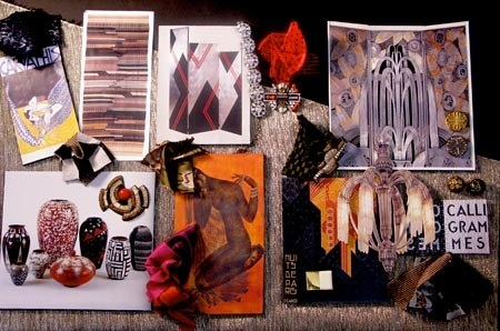 fabric samples and pictures on physical mood board from fashion designer oscar de la rents