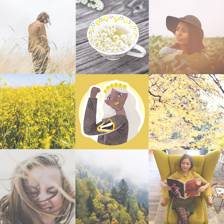 nine-square grid of yellow-hued photos in mood board for ravenclaw hogwarts house