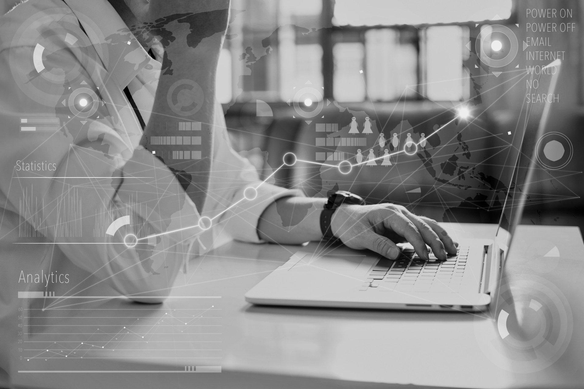Business concept, businessman working laptop. Global Strategy Virtual Icon.Innovation Graphs Interface. Worldwide connection technology interface.