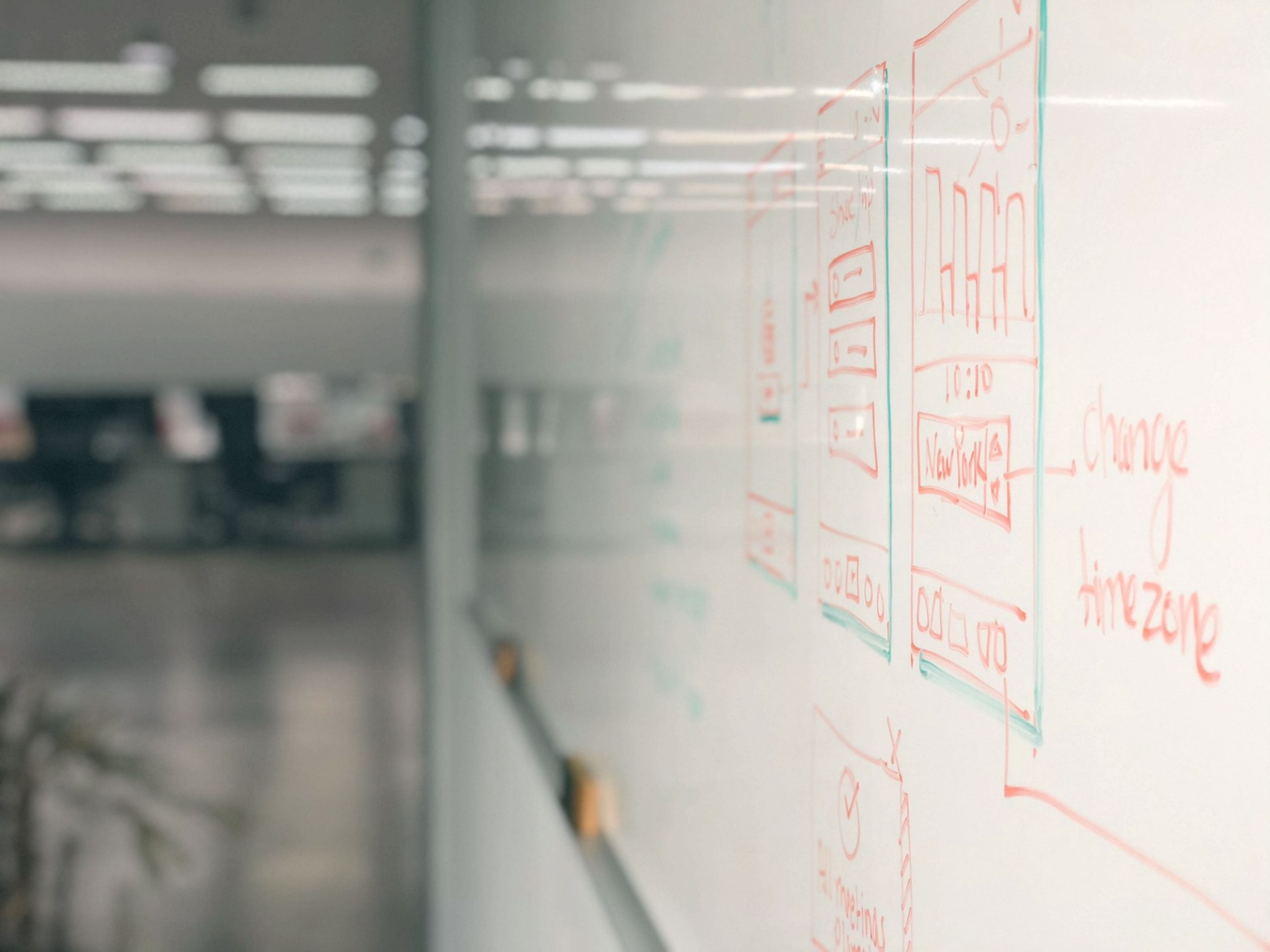 A large whiteboard with diagrams drawn on it detailing a feature set
