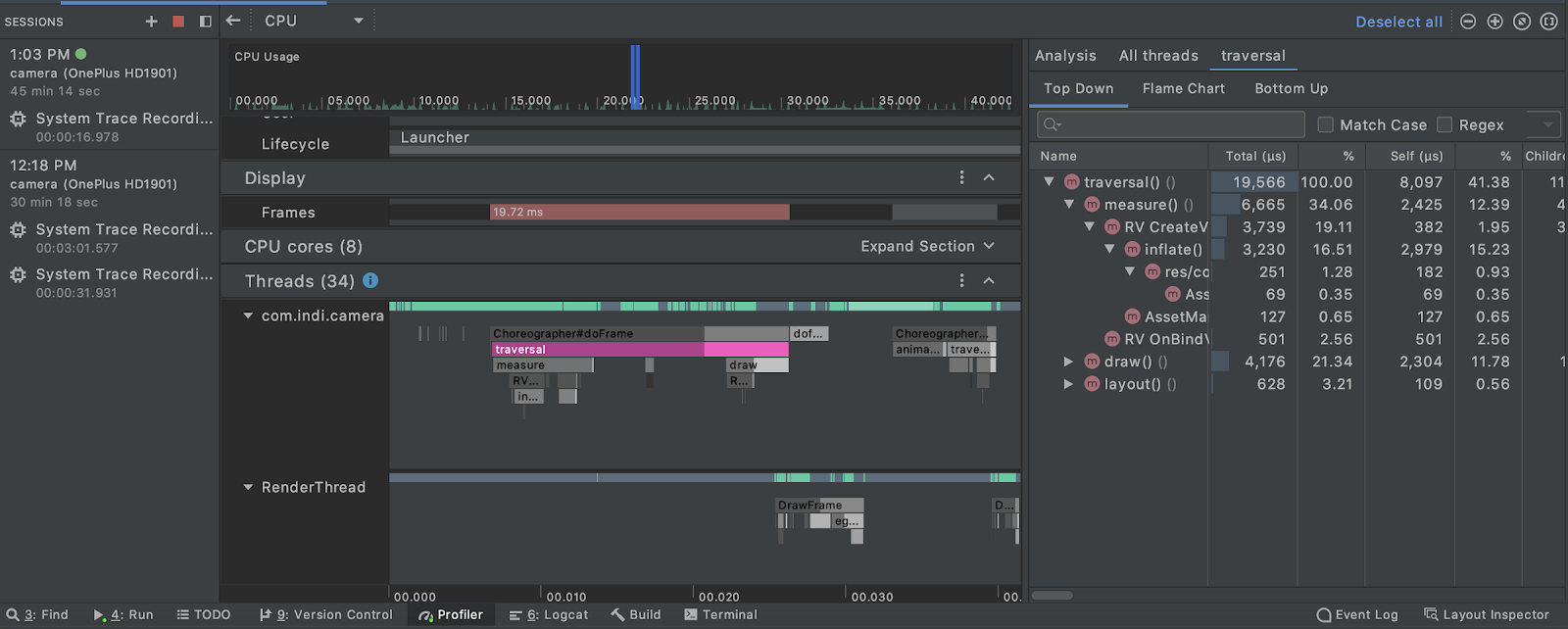 A screenshot of how profiler graphs look like, I have zoomed in on a dropped frame that you can see represented by the red bar