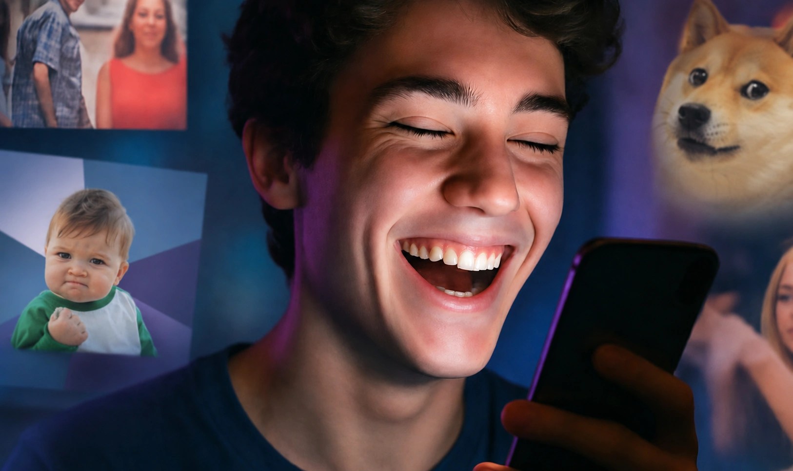 A teenage boy laughs at his phone while popular meme images float around him.