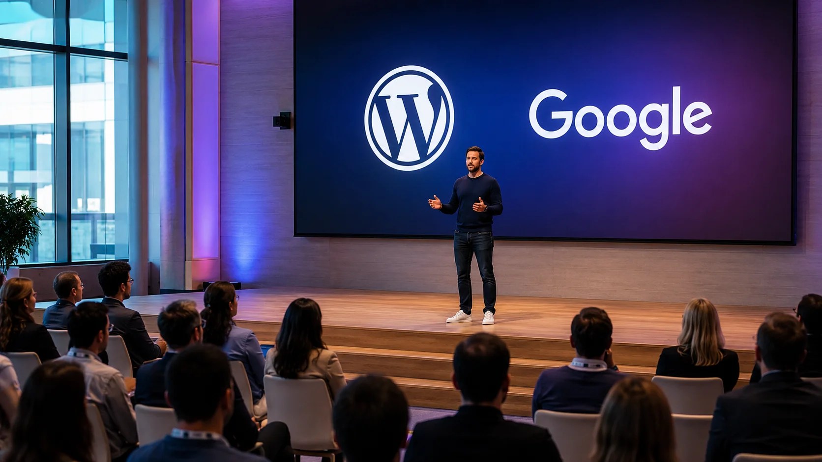Speaker on stage presents WordPress and Google collaboration.