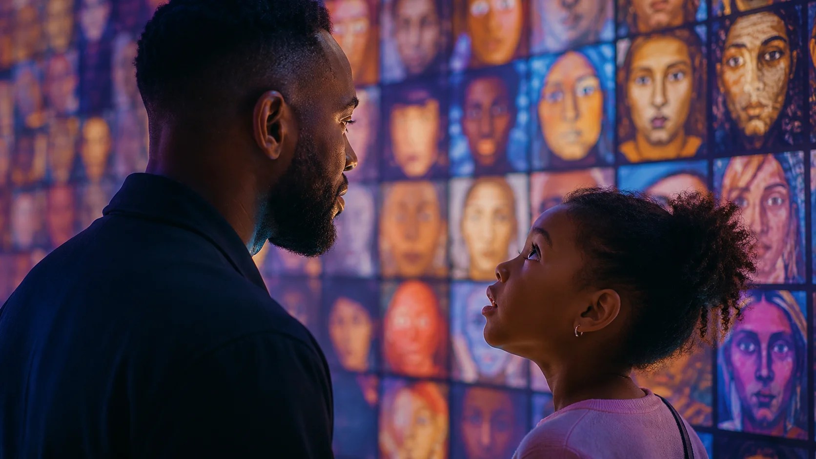 Father and daughter stand in front of a large digital mural of faces