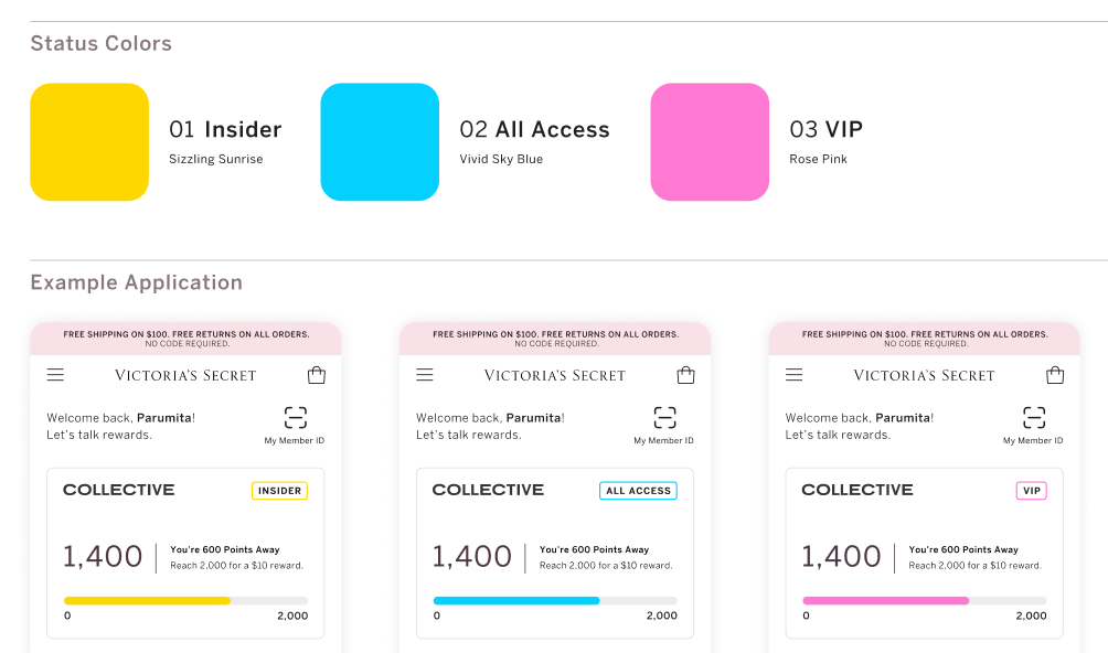 Color palette of VS Rewards. Showing yellow, blue, and pink.