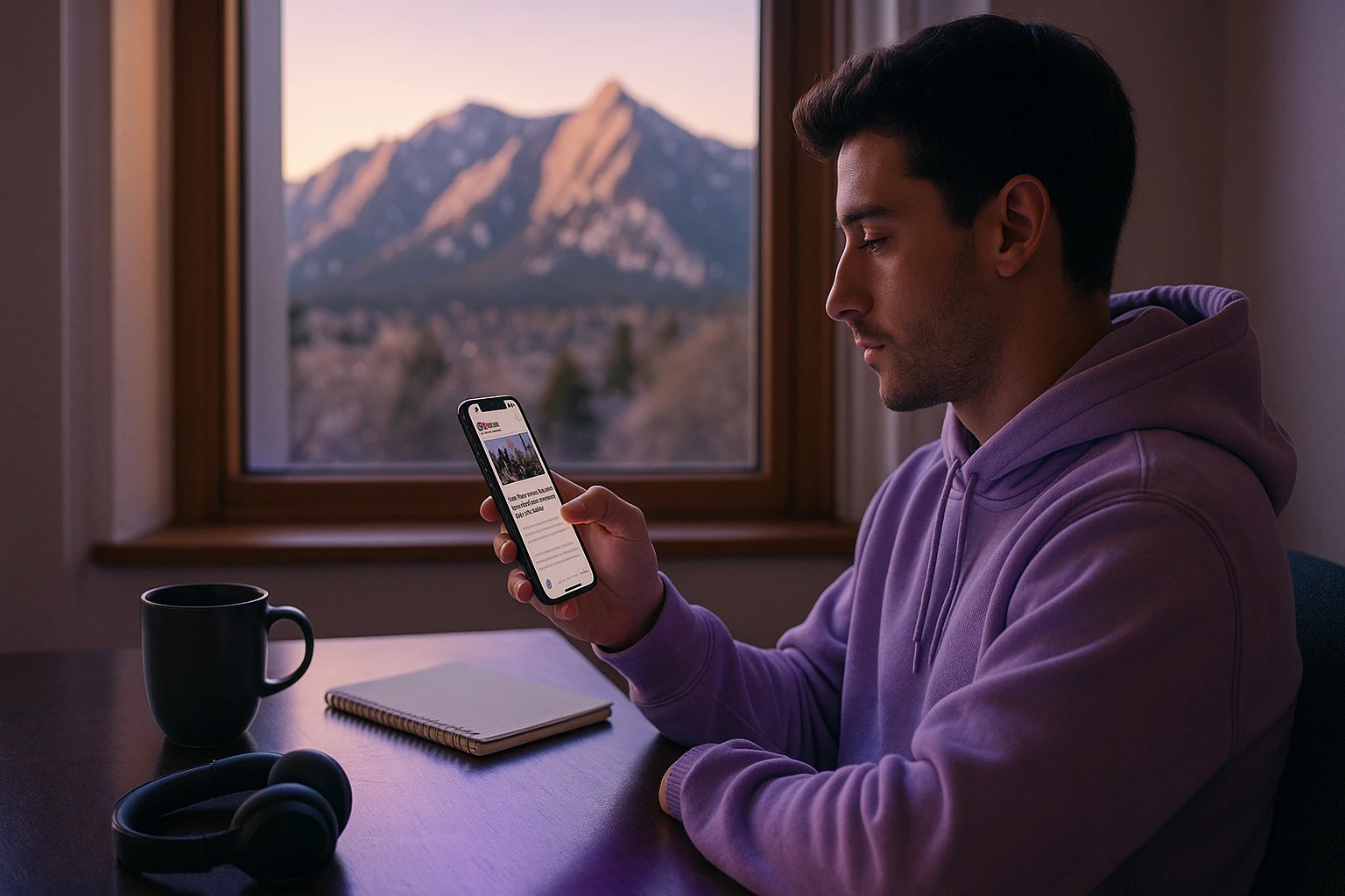 A man sits at his table reading news on his phone. A mountain range is outside his window.