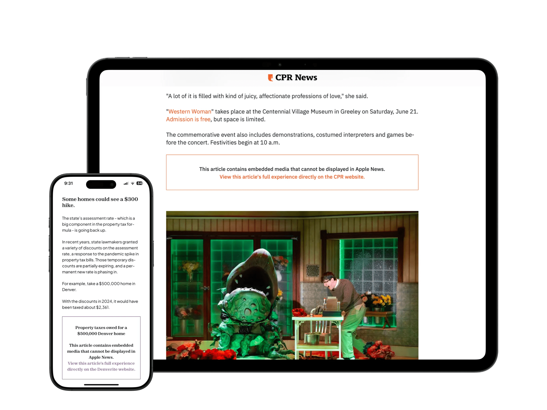 An iPad and iPhone display what CPR News and Denverite articles look like on the Apple News app, with blocks indicating some embedded media cannot be displayed.