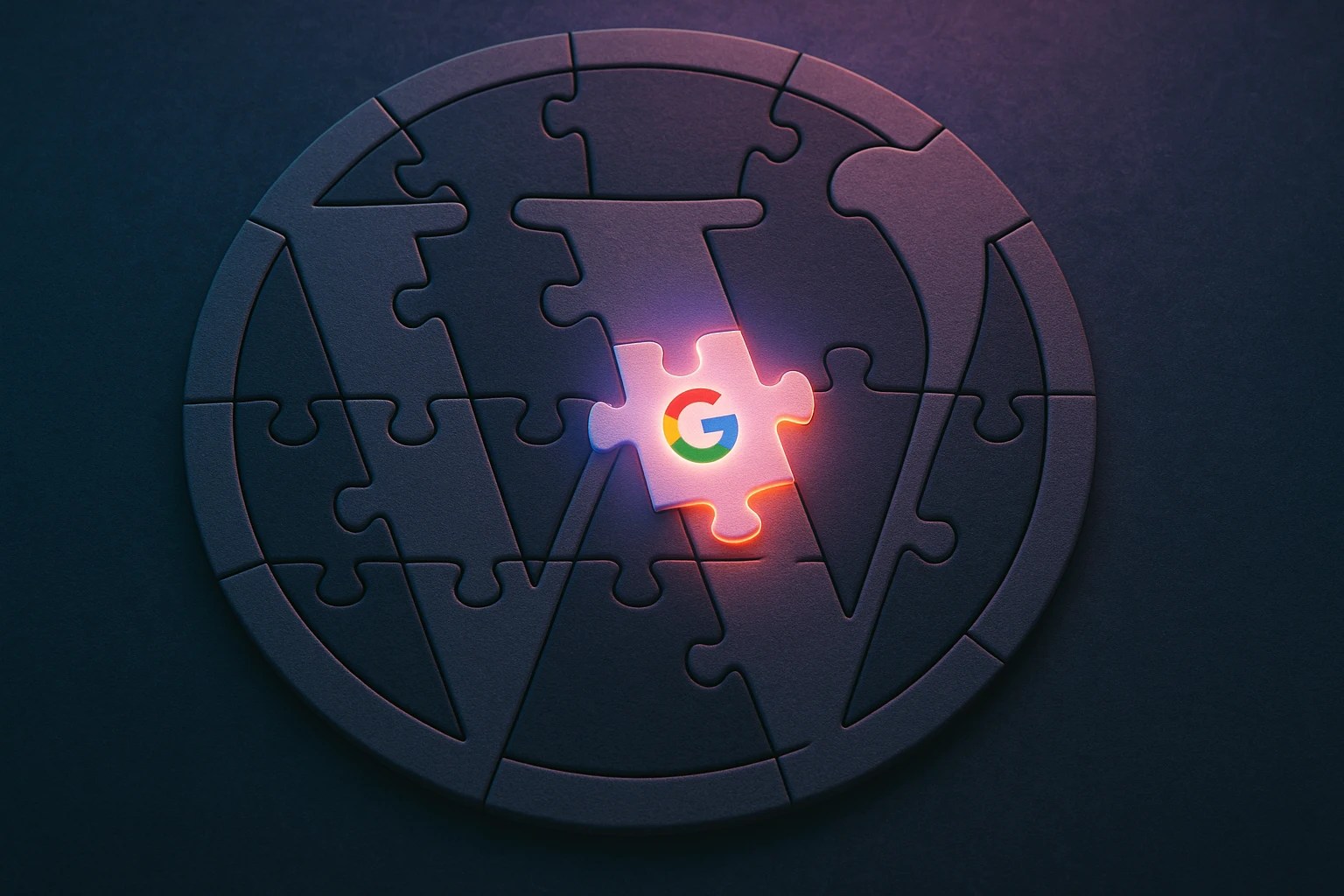 The WordPress logo is a puzzle, with the Google logo being one piece that is glowing.