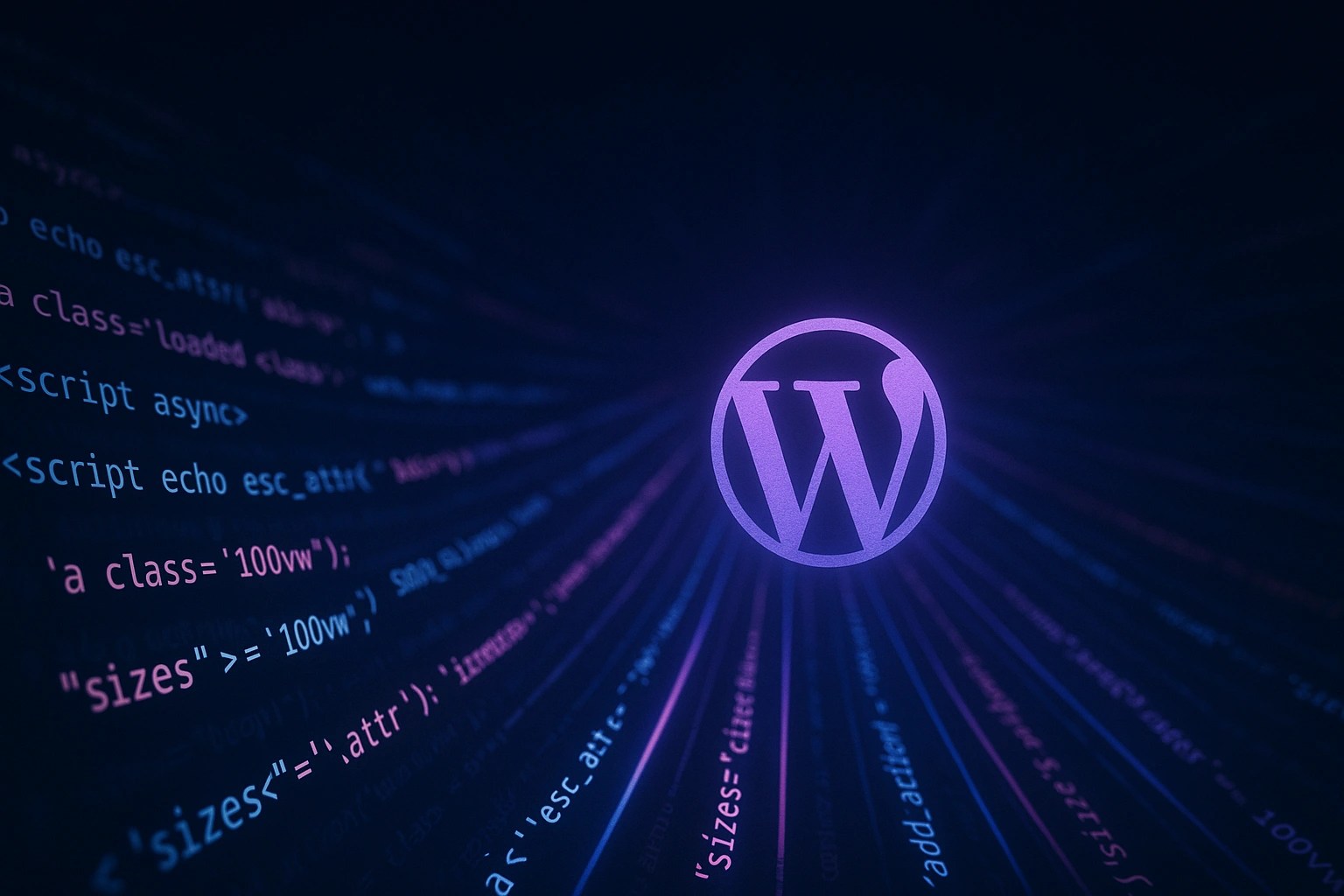 Glowing streams of code flow into a glowing WordPress logo.
