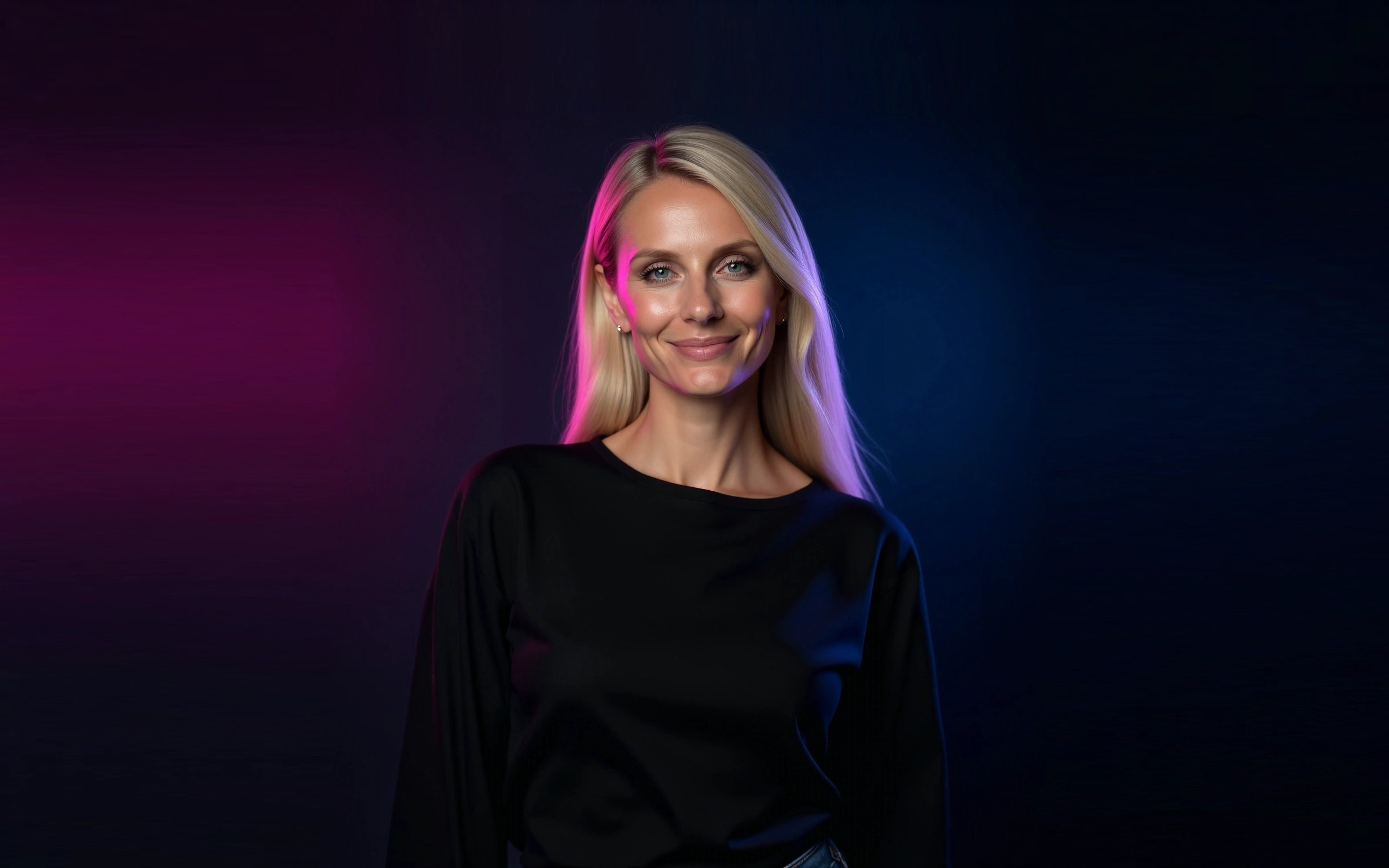 Image of Erika Lovegreen against a nice backdrop of pink and purple hues.