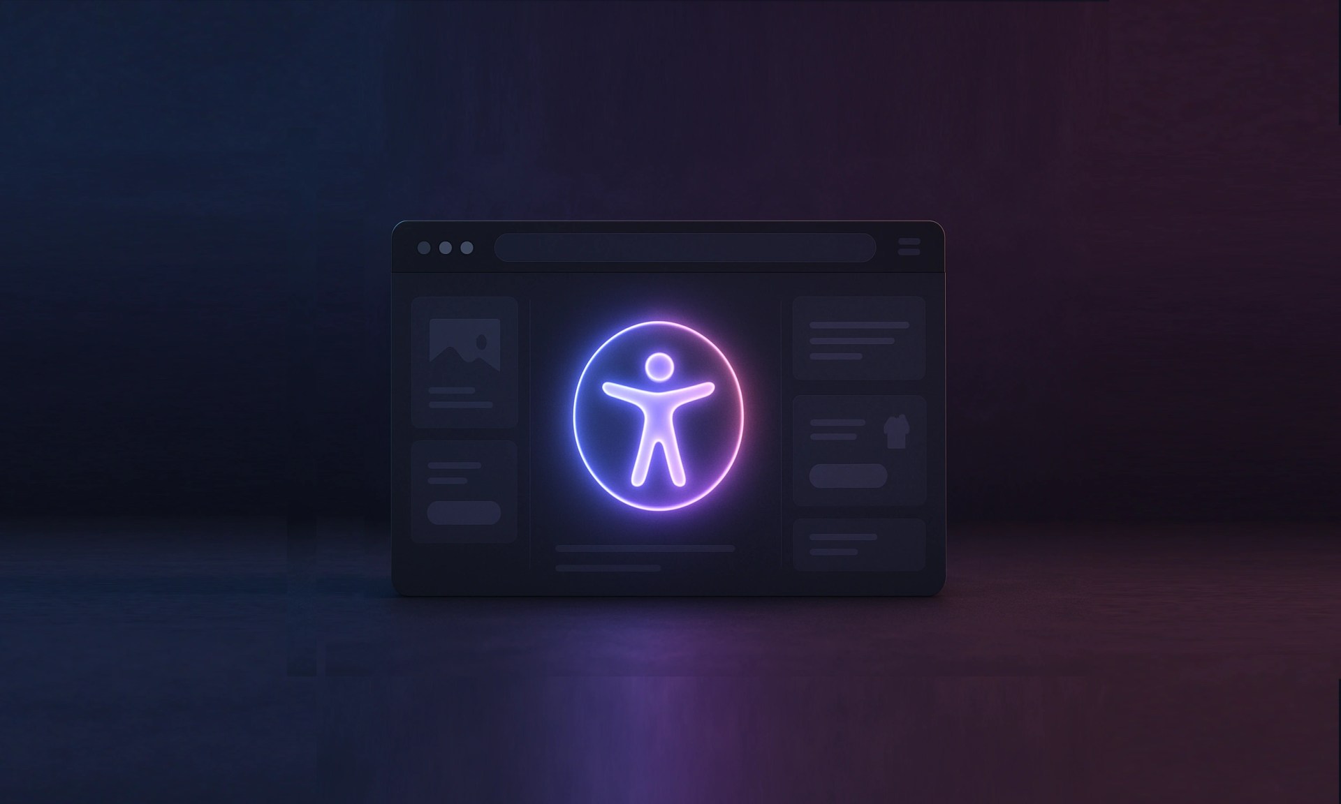 An accessibility symbol glows in hues of purple and pink in a dark web browser.