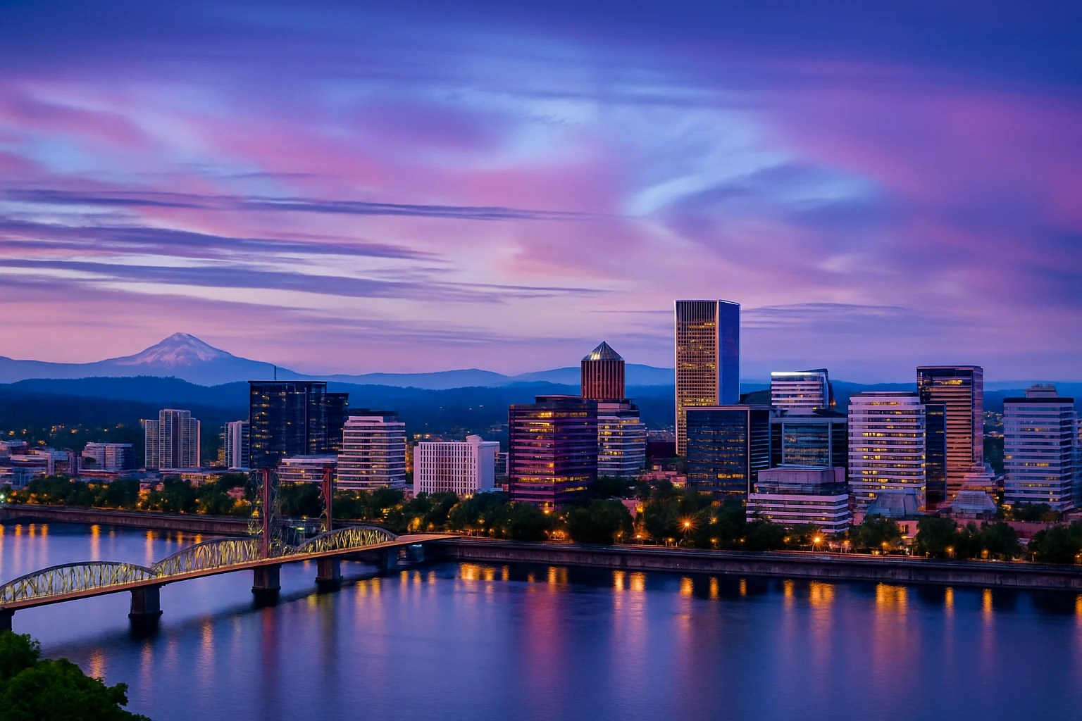 A night Portland skyline, with hues of purple and blue.