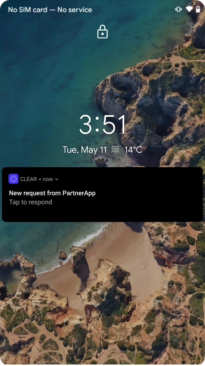 An Android homescreen shows a push notification from CLEAR that there is a new request from PartnerApp.