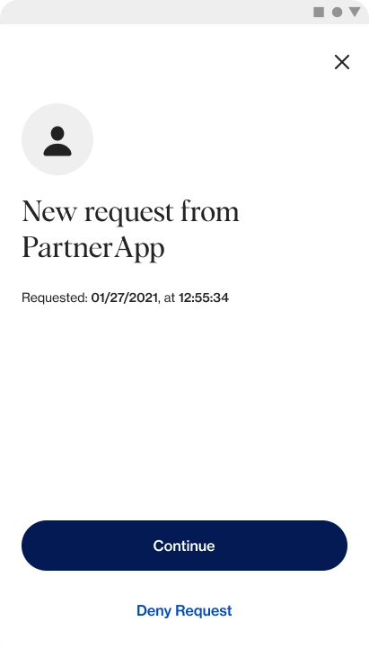 The CLEAR app shows the new request from PartnerApp, with a button to continue. 