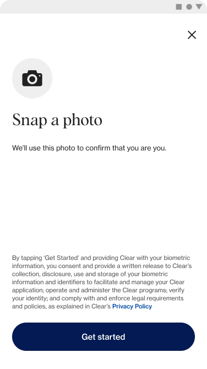 The CLEAR app requests a photo to confirm the user's identity, with a button saying "Get Started". 