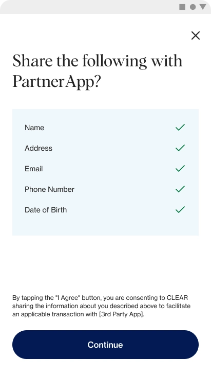 The CLEAR app asks the user what personal information (Name, Address, Email, etc.) they would like to share with PartnerApp. 