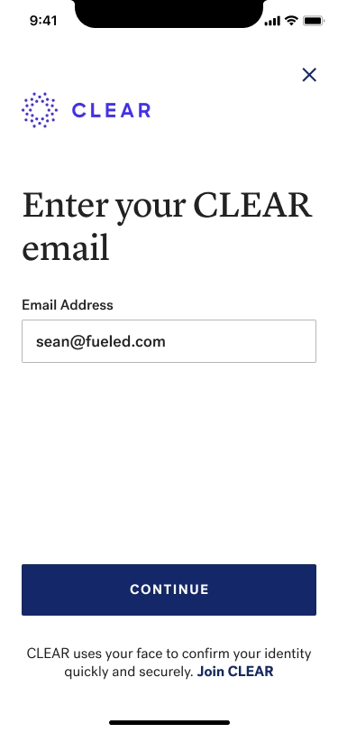 The CLEAR app asks the user for their email address to login, with a button saying "Continue".