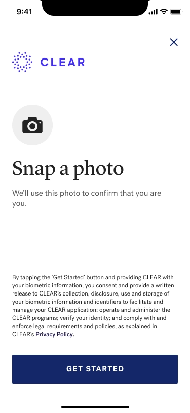 The CLEAR app asks the user to "Snap a photo" to confirm that "you are you".