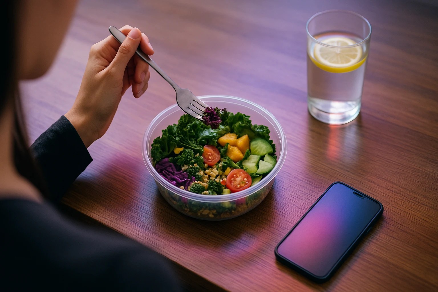 Looking over a woman's shoulder, she holds a fork while eating a salad. Lemon water and her phone sit on the table.