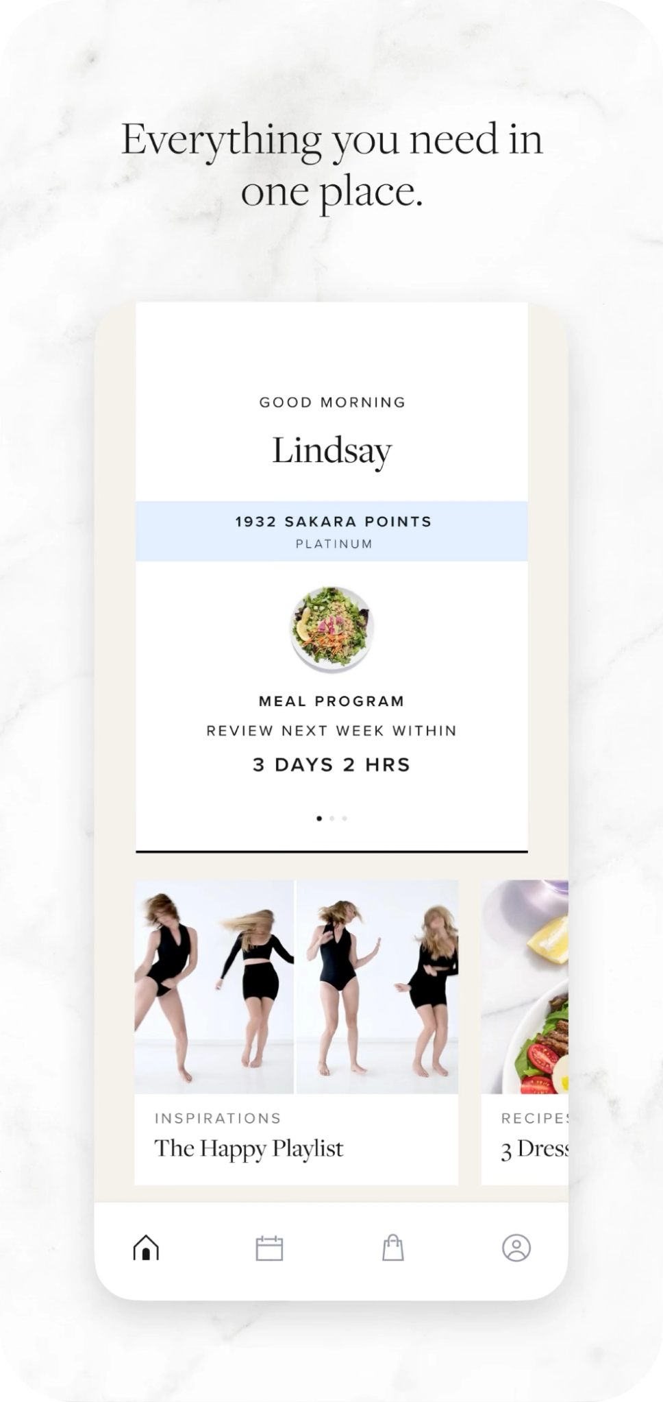 The homescreen of the Sakara app, saying "GOOD MORNING Lindsay" and current meal program, with a countdown to the review deadline.