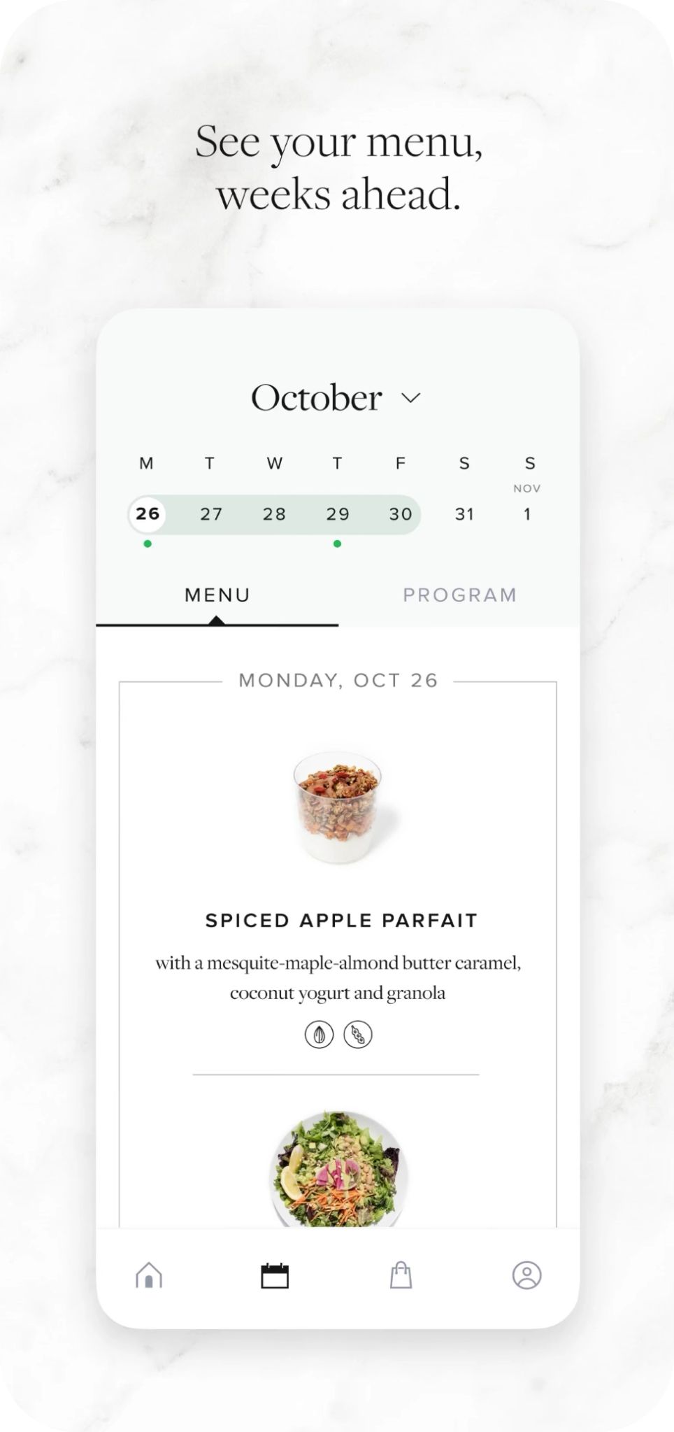 Calendar view of the Sakara app, showing the menu selected for the current week: Spiced Apple Parfait. 