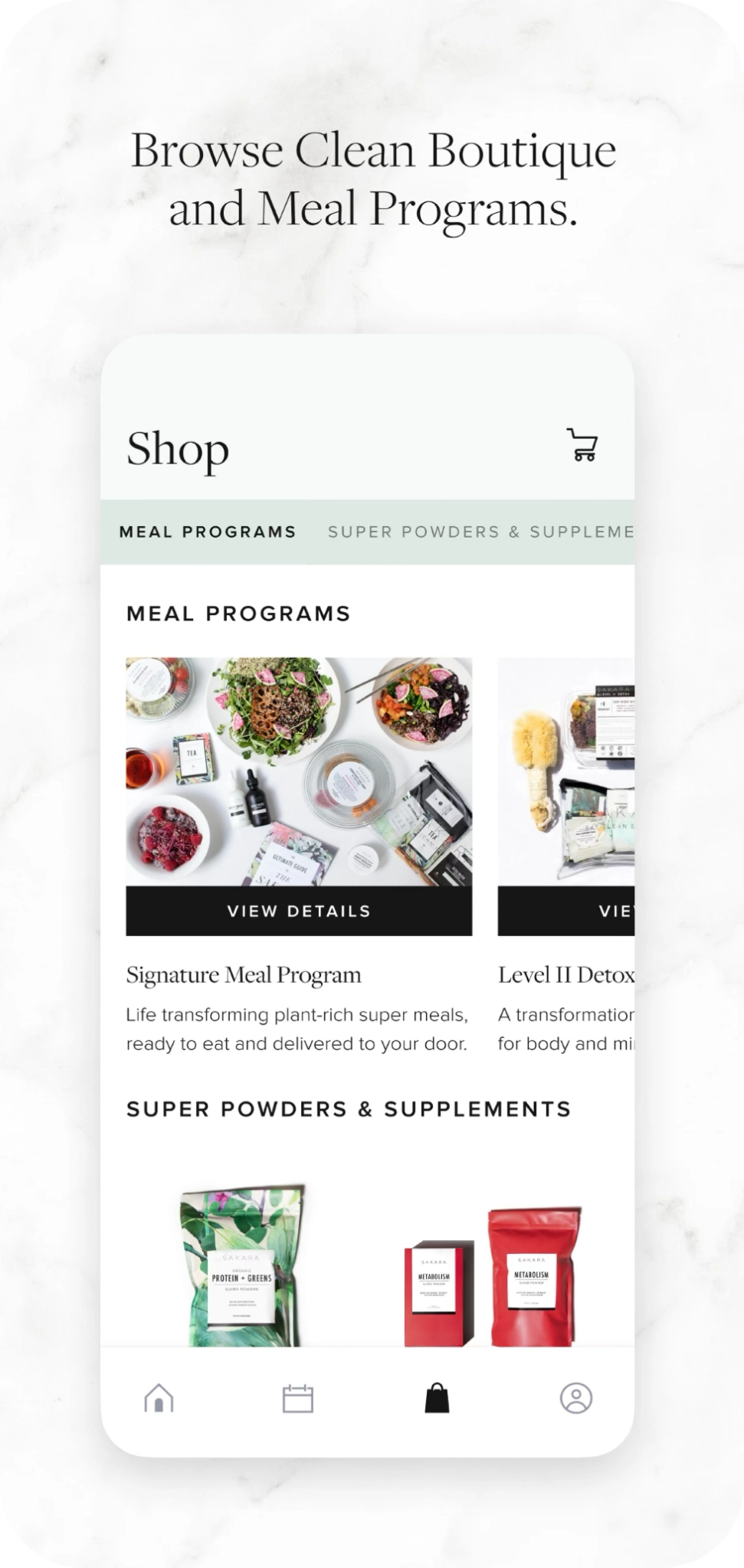 The shop section of the Sakara app, showing different meal programs, super powders, and supplements. 