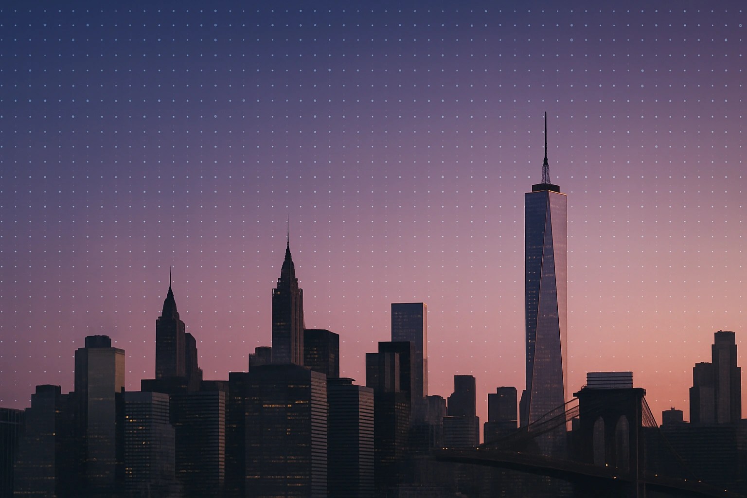 NYC skyline at dusk, with techy-looking pixels floating in the sky.