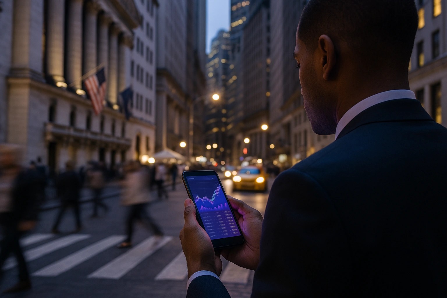 A man looks at stocks on his smartphone while standing on a busy Wall Street.