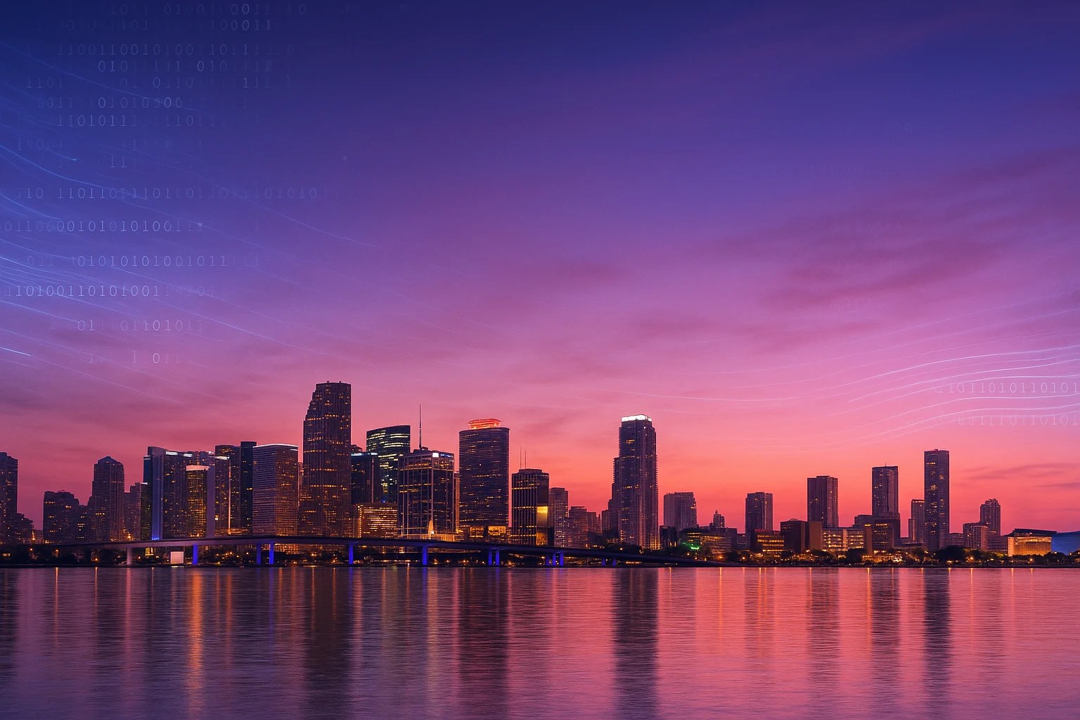 The Miami skyline in front of a pink and purple sunset. Lines of code faintly float in the clouds.