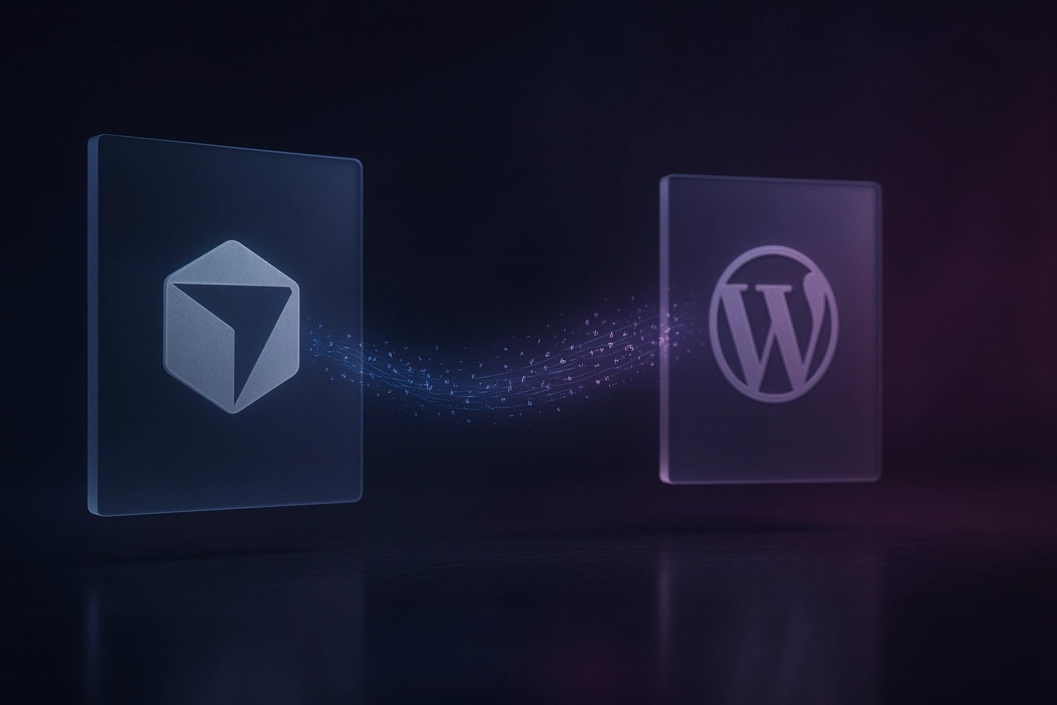 The Cursor logo and WordPress logo are etched in glass frame, with wisps of code traveling from one to the other.