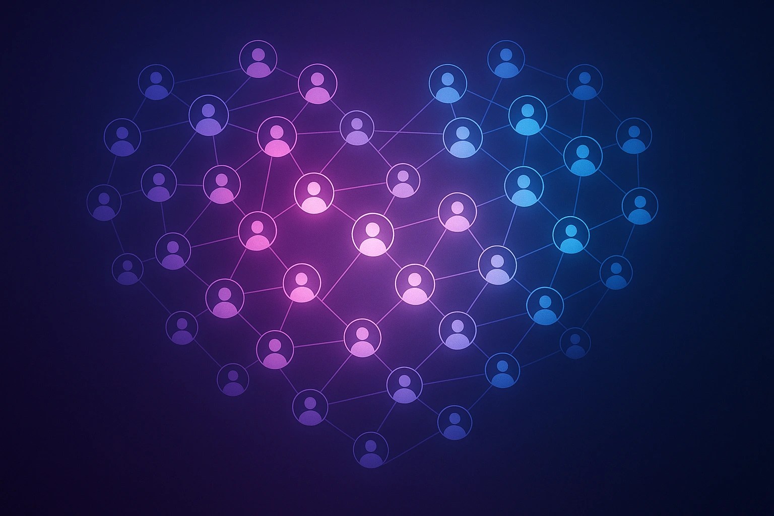 A network of people icons are connected in the shape of a heart.