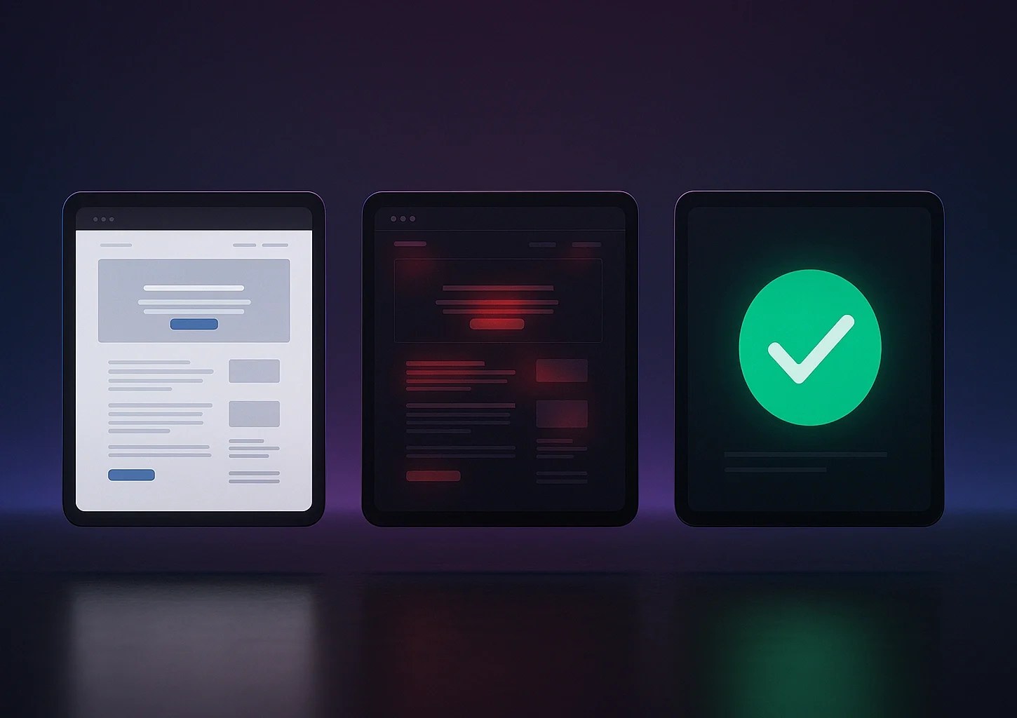 Graphic of 3 floating tablets: one showing a website, the next a heatmap of the site, the third a green check mark.