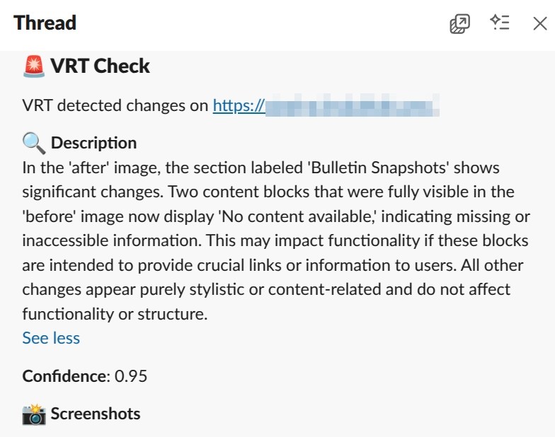 Example of a VRT Slack message, showing a functional break: two blocks are missing.