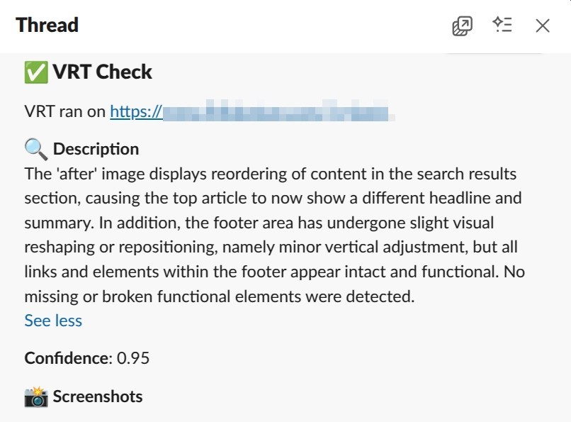 Example of a VRT Slack message, showing that there are no broken elements detected.