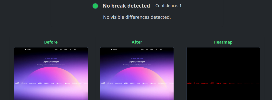 Example of before and after screenshots of a website, and a heatmap of changes.