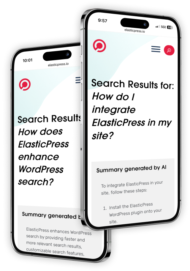 Two iPhones display an example of search results on ElasticPress.io, showcasing the AI summaries feature.