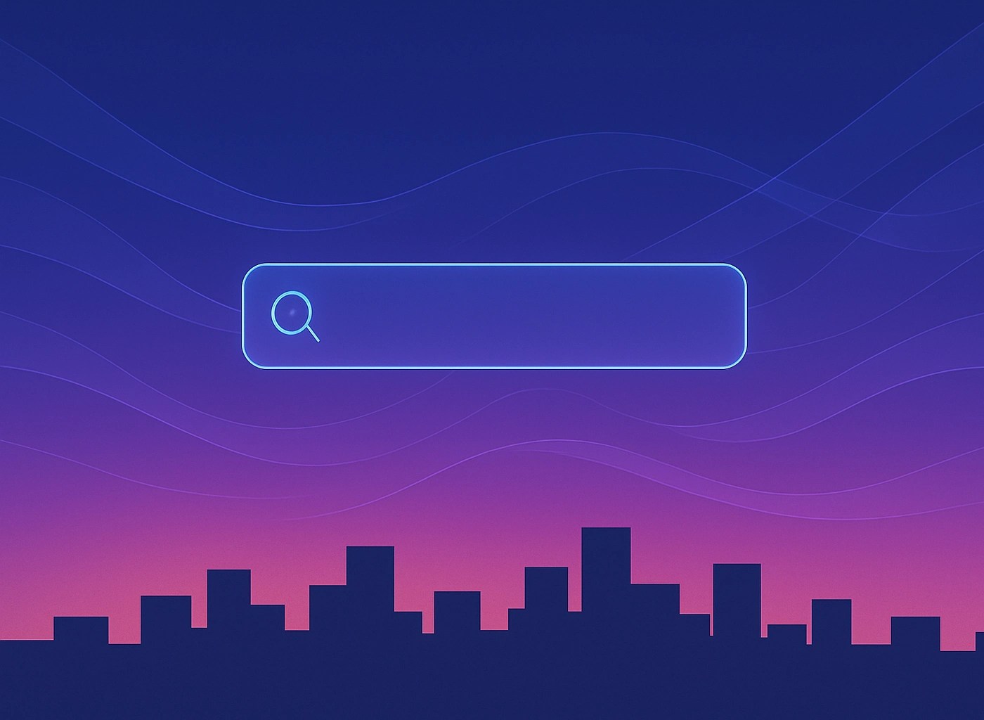A search bar floats about an illustration of a city skyline, in hues of purple and blue.