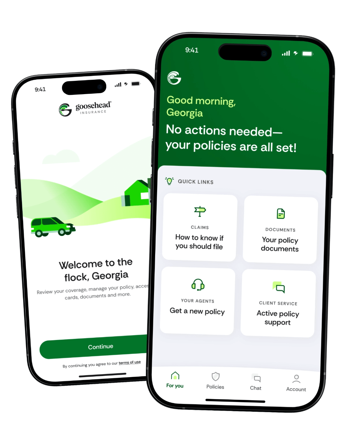 Two iPhones showcase the Goosehead app, showing a homepage with quick links. 