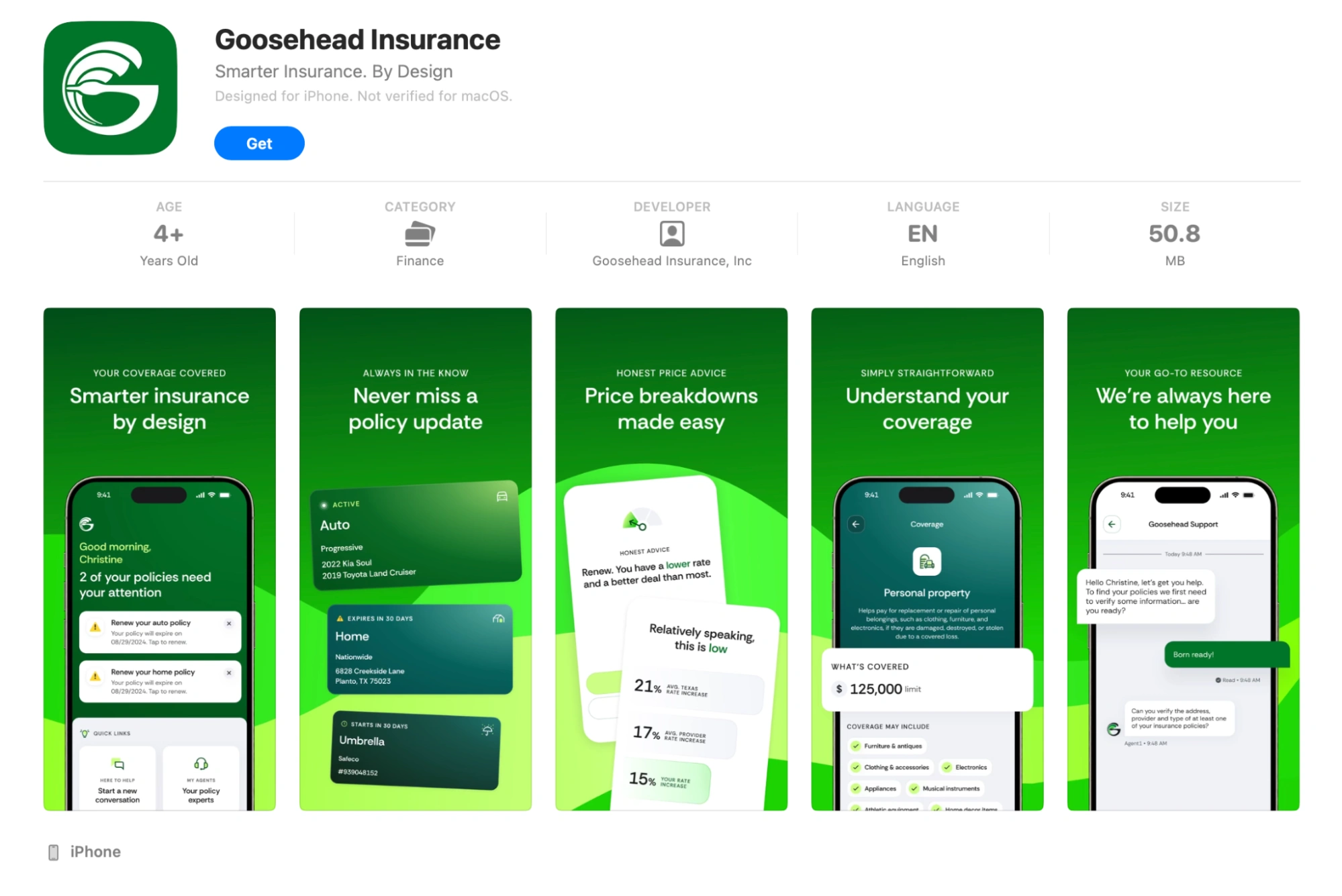 The Goosehead Insurance App in the App Store, showcasing features. 