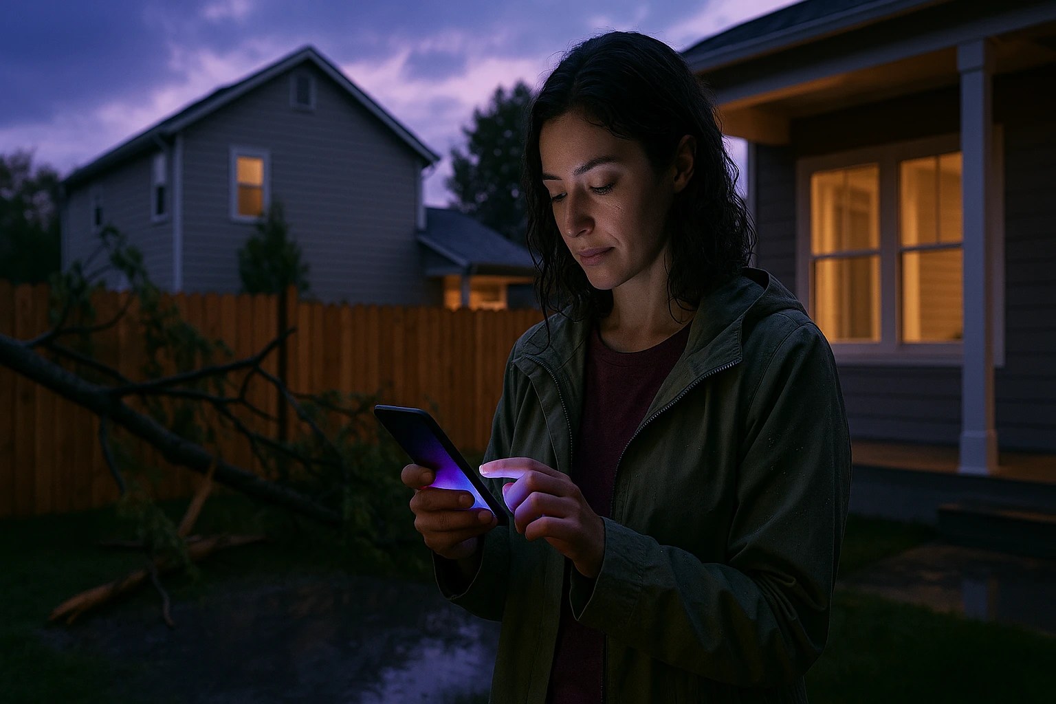 A woman taps on her phone after a tree falls in her backyard after a storm.