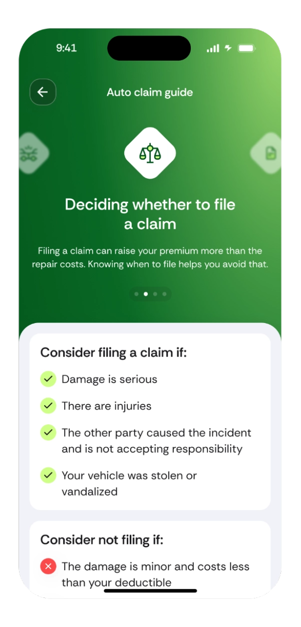 Goosehead app screen shows the Auto Claim Guide — helping user decide whether or not to file a claim. 