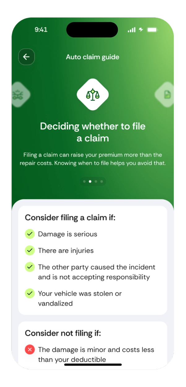 Goosehead app screen shows the Auto Claim Guide — helping user decide whether or not to file a claim. 