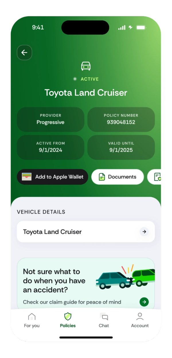 Goosehead app screen shows policy details on a Toyota Land Cruiser. 