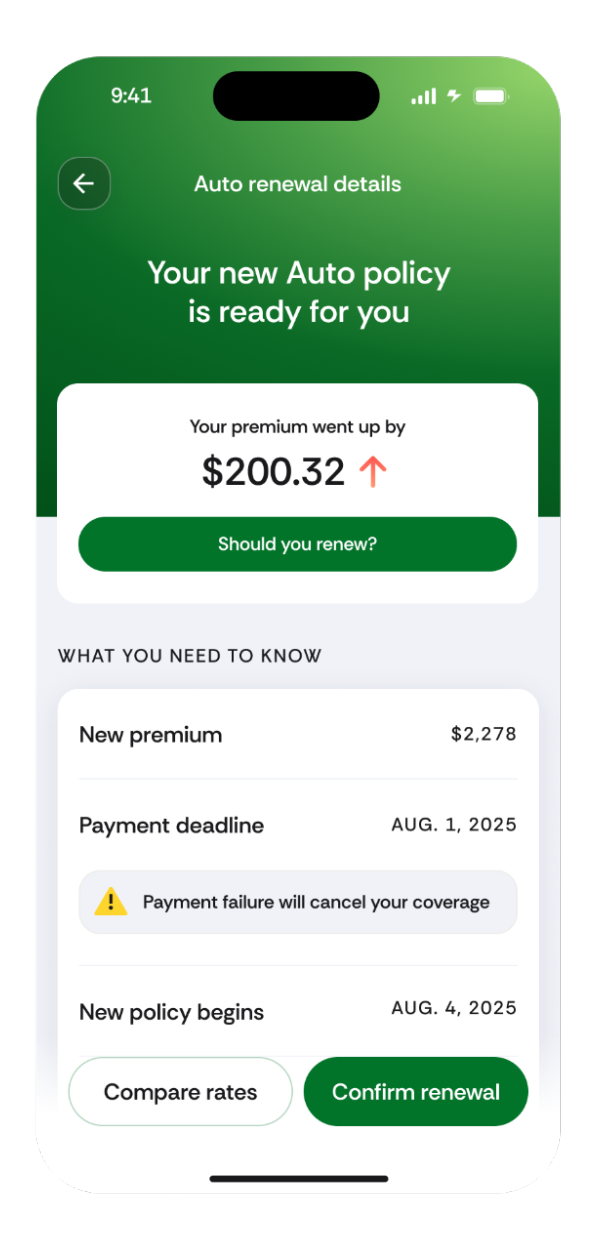 Goosehead app screen shows an auto insurance renewal details, saying what has changed. 