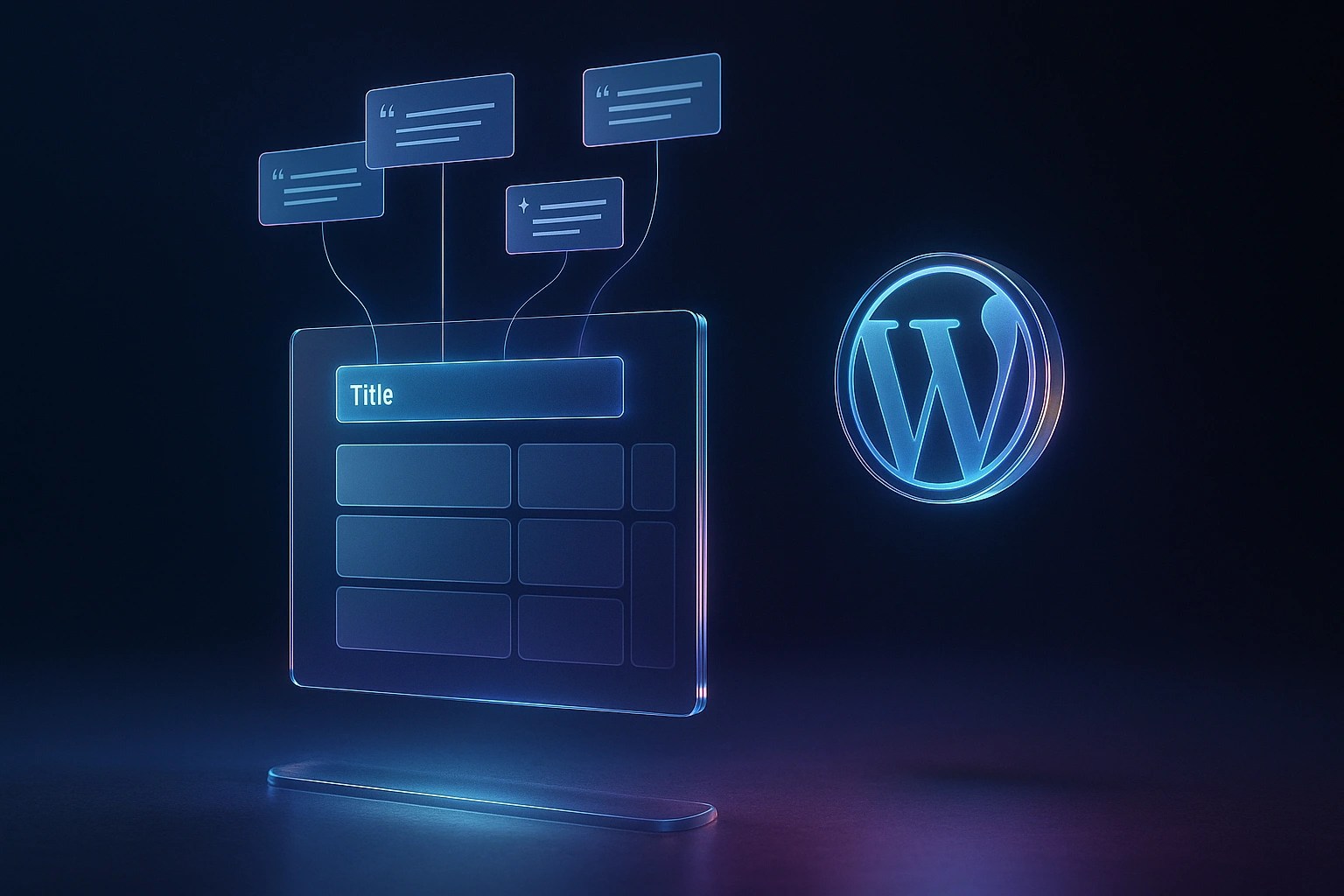 A glass frame shows a blog post with "Title" at the top, various generated suggestions fly over the top. The WordPress logo sits on the right.