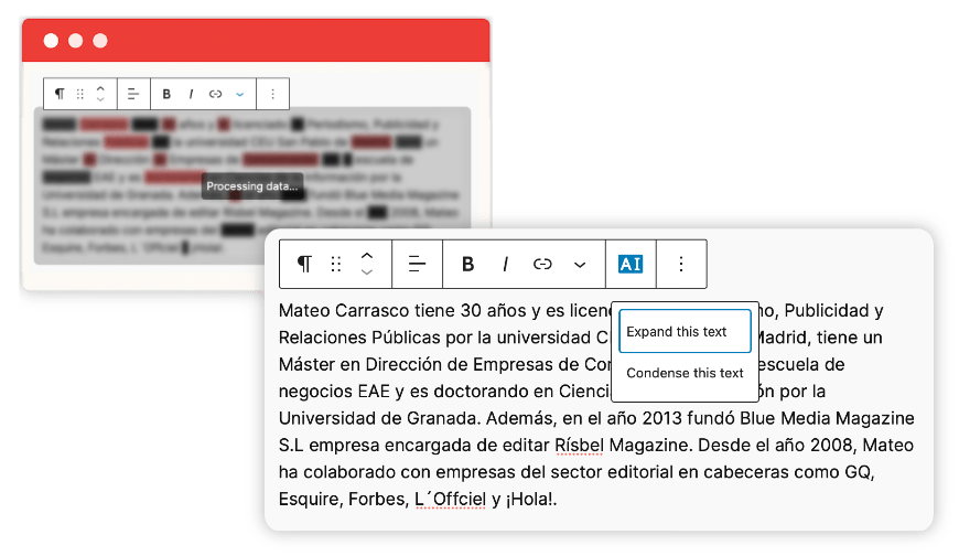 An example of ClassifAI's expand text feature, showing a section of text and the menu option "Expand Text".