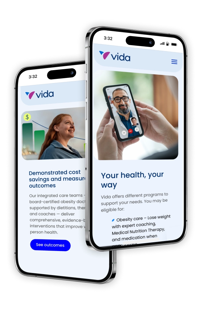 An example of Vida's website on mobile, showing the enterprise side and provider side.