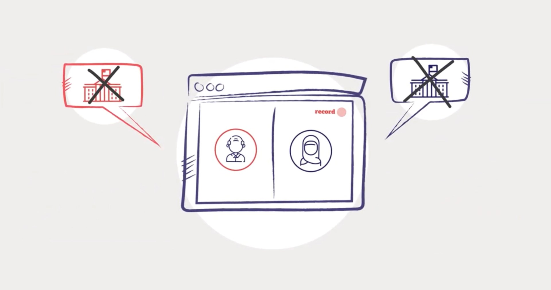 An illustration of a video call with two people, on two opposing sides of the political spectrum. 