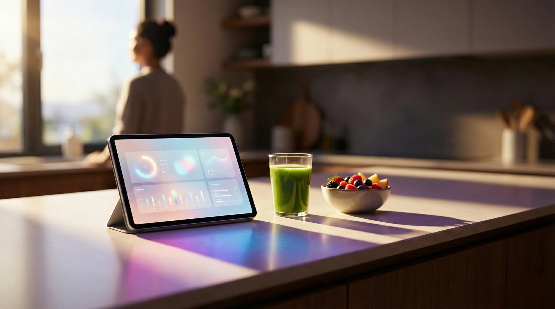 A bowl of fruit, green juice, and tablet with health vitals sits on a kitchen counter. A woman stands in the background, looking out the window.