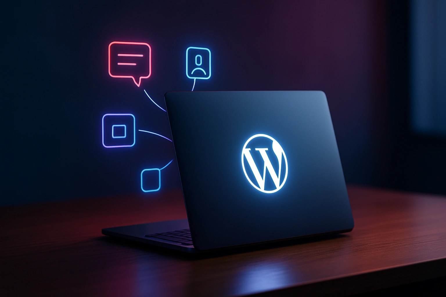 A laptop with the WordPress logo on it faces away, open and glowing with icons of content glowing off the screen.